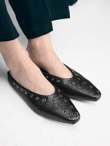 Mnmlis Giày bít mũi kiểu Anh cổ điển dành cho nữ, mẫu thời trang mới mùa xuân/hè, giày bệt màu đen đa năng, thích hợp mang ngoài trời, dịp Giáng sinh. - Than chì đen - Xem 9