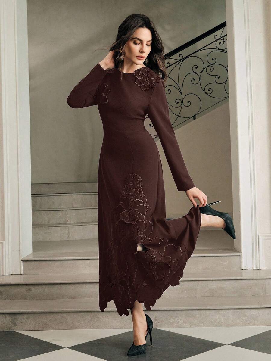 Anewsta Elegant Floral Embroidered Formal Dress, Luxurious Chic Fitted Dress For Spring/Summer, Suitable For Party, Work, Graduation, Wedding - Coffee Brown - View 1