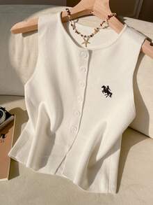 SHEIN EZwear Summer Old Money White Front Button Embroidered Round Neck Casual Knit Vest For Women - White - View 1