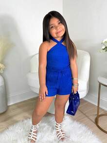 Young Girl Bright Blue Texture Halter Neck Tank Top And Shorts Set - Royal Blue - View 3