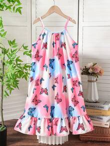 SHEIN Sparklyn 少女彩虹条纹印花无袖荷叶边下摆休闲度假连衣裙 - 彩色 - 查看 2