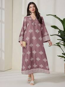 Al Najma Women's Floral Print V-Neck Long Sleeve Loose Arabic Style Maxi Dress - Pink - View 5