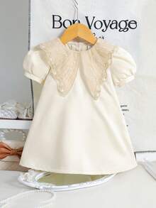 SHEIN 女婴圆领仿珍珠装饰休闲派对节日泡泡袖连衣裙 - 白色 - 查看 2