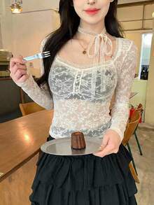 DAZY Camiseta de manga larga con cordones y encaje elegante para mujer, para primavera y otoño - Albaricoque - Ver 4