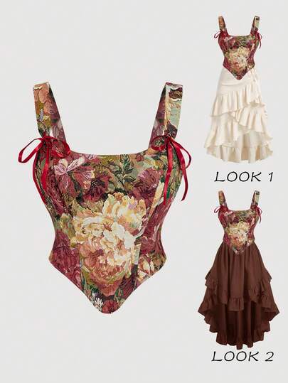 SHEIN MOD Plus Size Retro Floral Vest With Front Lace Up And Leaky Back Lace Up, Corset Top, Winter Vest, Going Out Vest, Beach Wear For Women, Wear For Women, Party Wear For Women, New Year's Eve Wear,Women's Vintage Inspired Floral Tapestry Corset Top Burgundy Red Rose Pattern Woven Jacquard Fabric Square Neckline Sleeveless Wide Straps With Satin Ribbon Bow Details And Pointed Hem Bodice