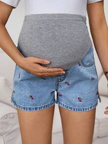 SHEIN Maternity Women's Cherry Embroidery Denim Shorts, Navy Blue Summer Casual Versatile Daily Patchwork Ribbed Belly Band Comfortable Chic Y2k Streetwear - Blue - View 3