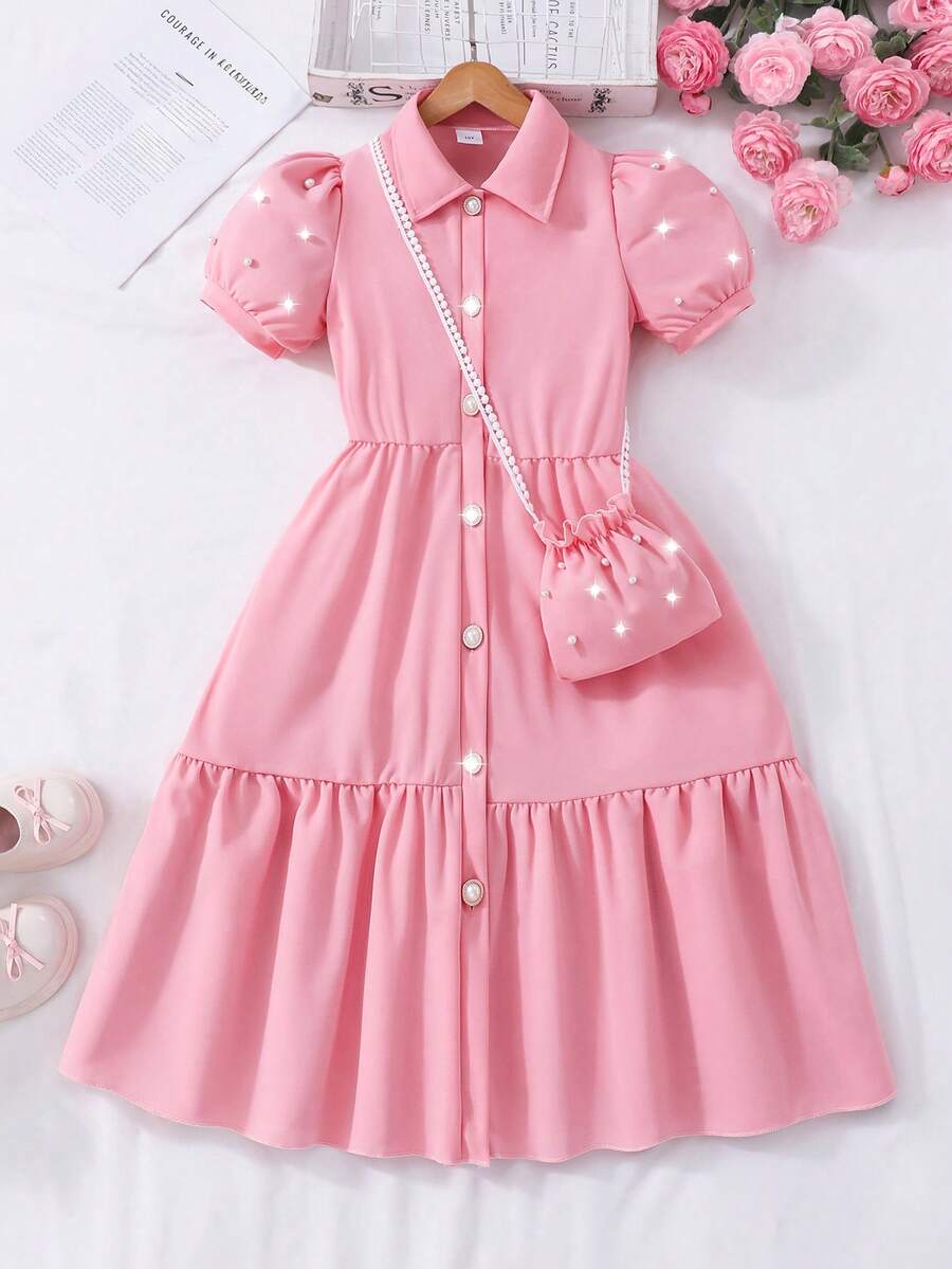 SHEIN Váy Cardigan tay bồng cổ tròn màu trơn mùa hè có túi cho bé gái tuổi teen - Hồng - Xem 1
