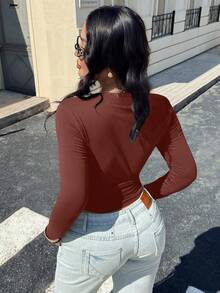 Easura Plus Size Women V-Neck Cotton Casual Criss-Cross Design Long Sleeve Top - Brown - View 2