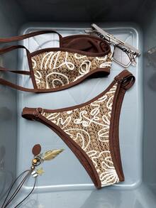 Swim Vcay 时尚分体式比基尼套装，抽绳设计，适合春夏穿着 - 棕色 - 查看 5