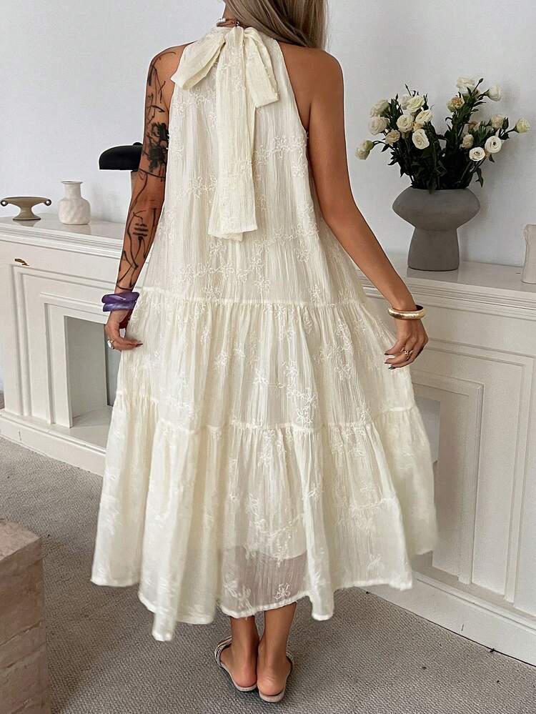 Gorgeous Halter French Open Shoulder Dress, Women Summer New Sleeveless Tea Length Beach Holiday Long Dress Dress Cruise Outfit For Women Sundress Vacation Outfits Women