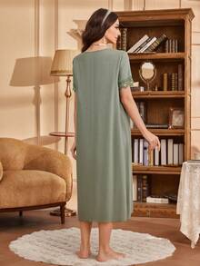 SHEIN 方领撞色蕾丝边睡衣 - 軍綠色 - 查看 2