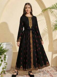 Teen Girl Floral Print Round Neck Long Sleeve Gold Trim Bohemian Style Dress - Black - View 6