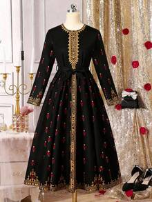 Teen Girl Floral Print Round Neck Long Sleeve Gold Trim Bohemian Style Dress - Black - View 7