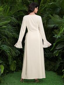 Al Najma Jacquard Patchwork Tie-Up Design Waist Cinched Round Neck Flare Sleeve Elegant Party Dress - Apricot - View 7