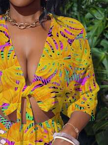 Slaydiva Vacation White Front Knot Hollow Out 3/4 Sleeve Loose Jumpsuit - Multicolor - View 3