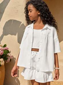 2pcs/Set Girls Casual Fashion Streetwear Set, Loose Fit White Dropped Shoulder Blouse And Wide Leg Pants, Suitable For Vacation, Daily Outings And Casual Gatherings - White - View 5