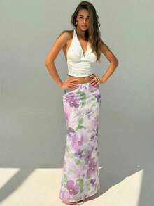 Aloruh 女士花卉印花优雅浪漫A字裙，春夏款 - 紫色 - 查看 3