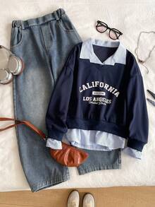 SHEIN Set de 2 piezas Pantalones vaqueros y blusa a rayas con estilo colegial y parches para niñas, apropiado para uso diario y actividades al aire libre - Azul Marino - Ver 6