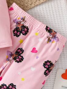 SHEIN 2件套女童图案针织圆领T恤和打底裤睡衣套装 - 淺粉色 - 查看 7