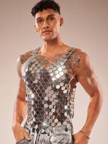 FeverCity Men's Sequin Hollow-Out Silver Tank Top - Silver - View 3