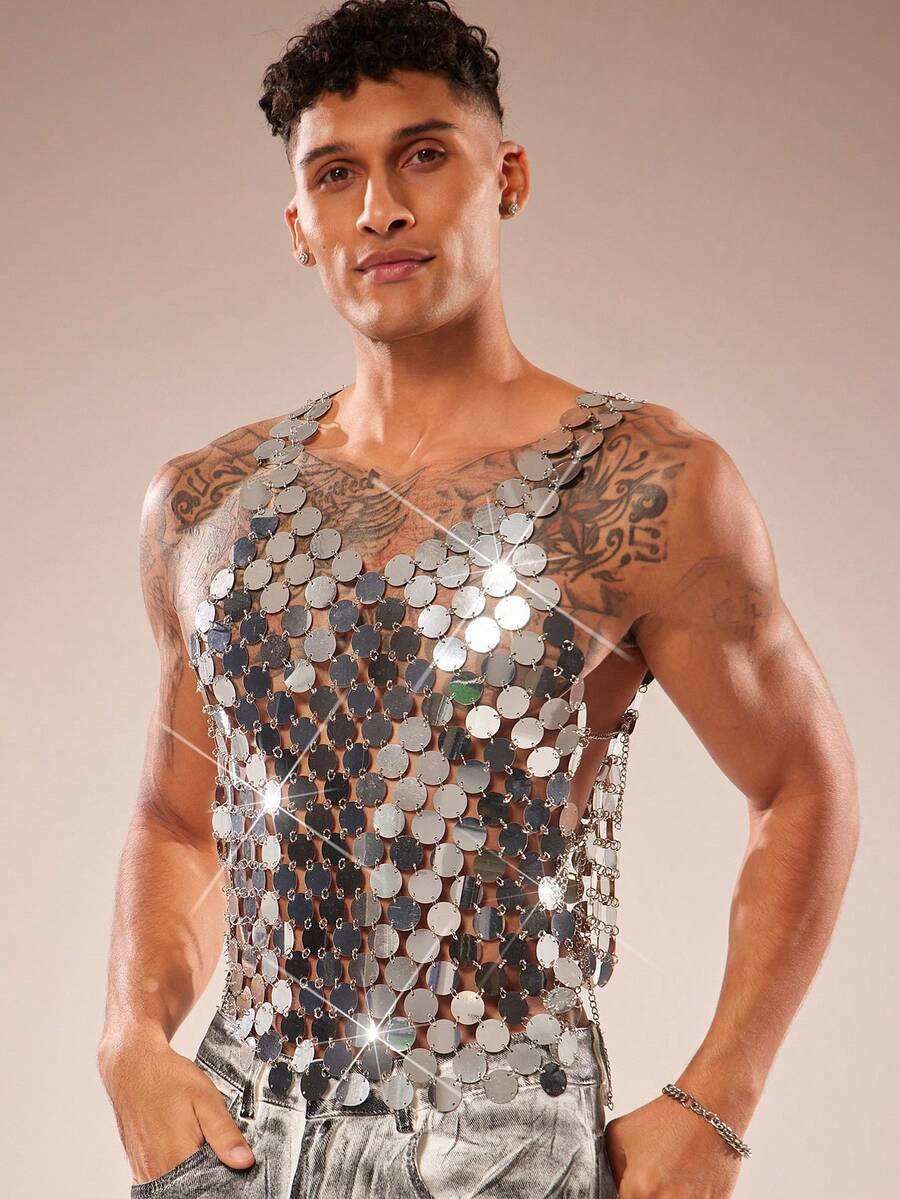 FeverCity Men's Sequin Hollow-Out Silver Tank Top - Silver - View 1