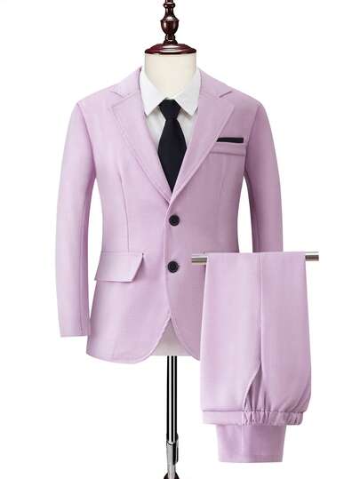 2pcs Boys' Formal Suit Set, Gentleman Attire For Spring/Summer/Autumn, High-End Elegant Stylish Tuxedo For Party, Ceremony, Stage Performance, Host, Slim Fit Blazer Jacket + Casual Pants