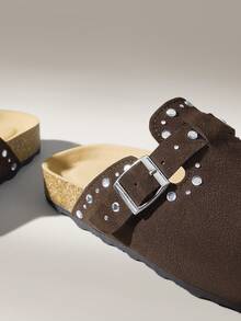 Solecia Women's Leisure Beach Slip-On Suede Brown Handmade Indoor And Outdoor Wear Lightweight Sole Empty Spring And Autumn Slope Heel Inner Height Increase Women's Sandals Rhinestone Buckle - Coffee Brown - View 5