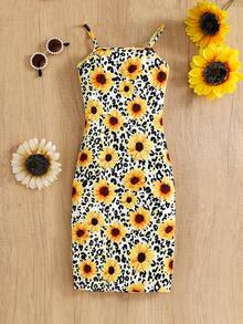 女童豹纹向日葵图案休闲吊带裙 - 彩色 - 查看 2