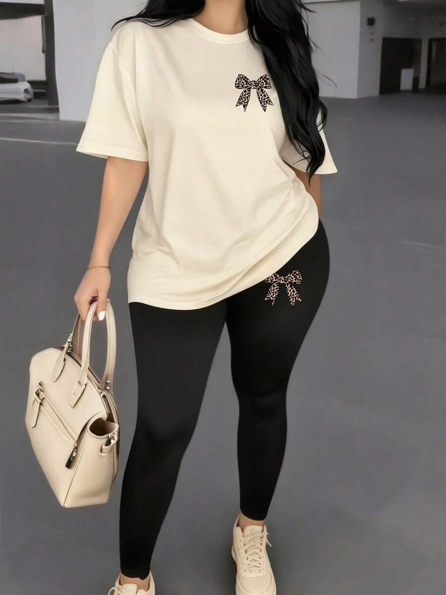 SHEIN 女士休闲时尚创意豹纹蝴蝶结装饰图案印花宽松圆领基础短袖T恤和打底裤套装,四季皆宜,百搭舒适 - 彩色 - 查看 1