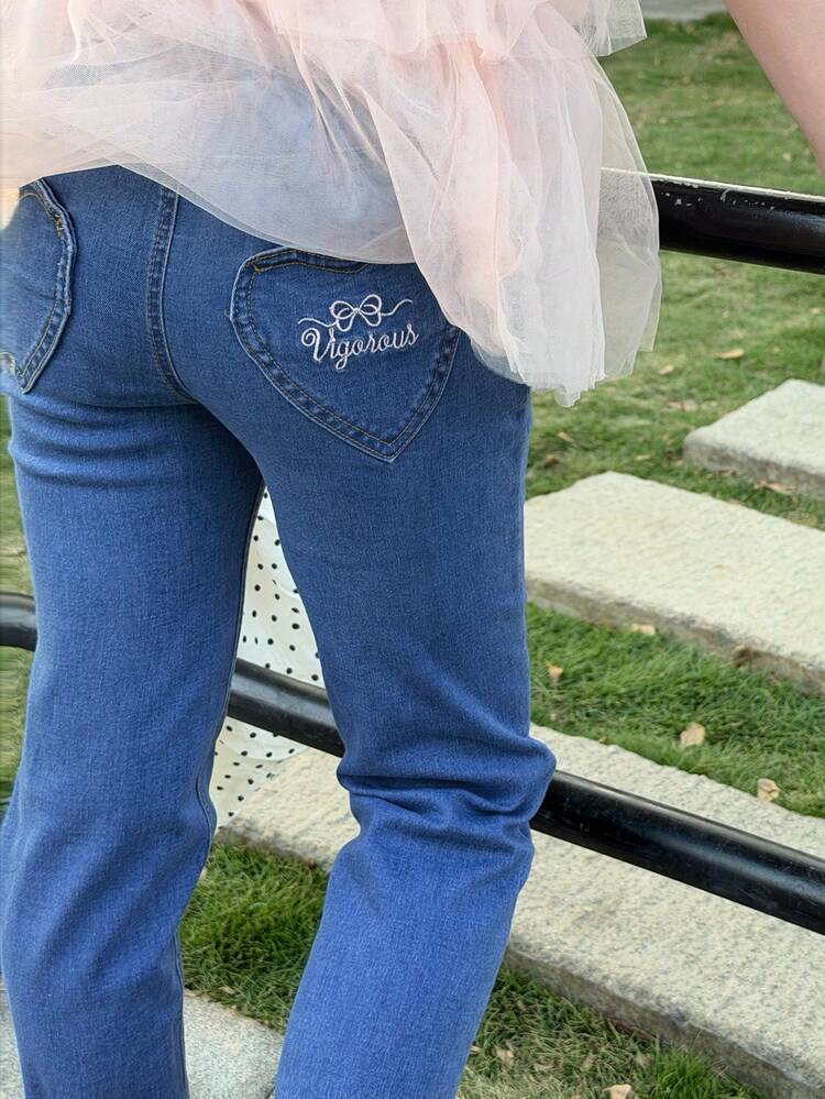 Tween Girls Letter Embroidered Denim Jeans