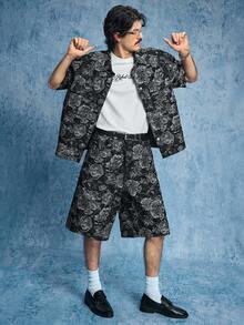 ROMWE MEN Street Life 男士前开襟休闲时尚百搭夏季衬衫，纹理花卉牛仔上衣 - 黑色 - 查看 4