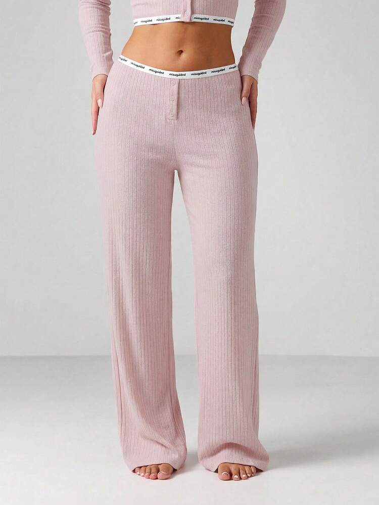 MISSGUIDED Ribbed Knit High Waisted Wide Leg Pajama Pants With Button Front And Waistband Trim Sleep Loungewear Bottoms