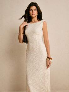 Poéselle 女士纯色露背无袖开衩优雅连衣裙 - 杏色 - 查看 5