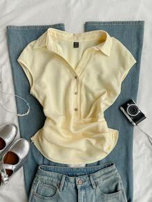 SHEIN EZwear 女士黄色梭织单排扣褶裥休闲衬衫 - 淡黃色 - 查看 8