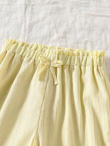 Tween Girls Casual Basic Vacation T-Shirt Set, White Spaghetti Strap Loose Lace Trim Top And White Wide Leg Pants White Outfit - Yellow - View 7