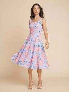 Amorya 女士印花无袖方领A字连衣裙 - 紫羅蘭色 - 查看 6