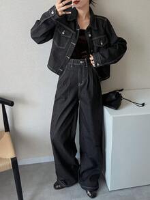 FRIFUL Women's Solid Color Front Button Long Sleeve Top And Wide Leg Jeans Set - Blue - View 8