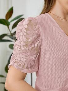 Reflora Plus Size Women Khaki Thin Jacket, Contrast Lace Sleeve Short Lightweight Jacket, Versatile & Elegant - Pink - View 6