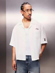 PLAYBOY X SUMWON Bunny Embroidered Boxy Fit Short Sleeve Reviere Collar Shirt Summer Button Down Top - Beige - View 4