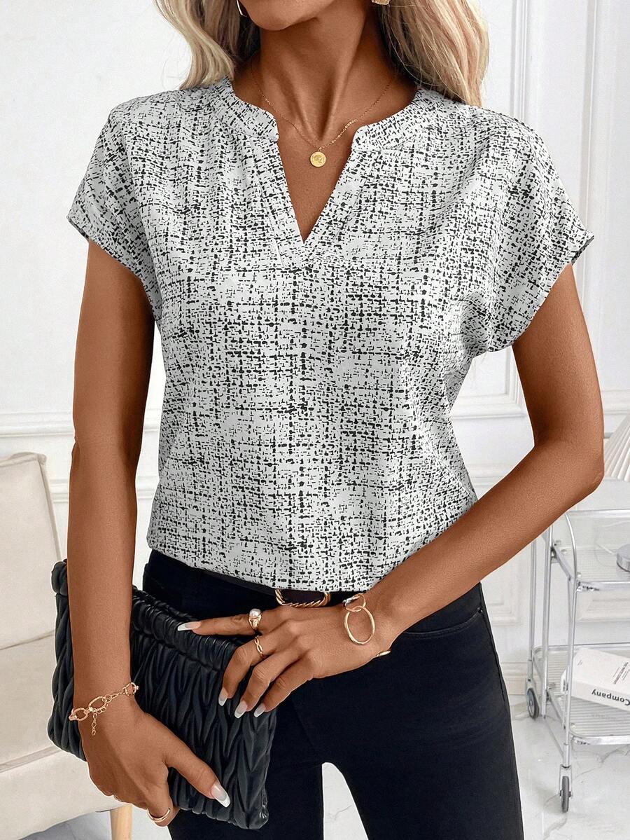 SHEIN Clasi Áo kiểu nữ thanh lịch, in họa tiết, cổ chữ V - trắng - Xem 1