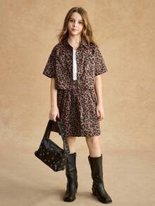 SHEIN Sparklyn Tween Girls Leopard Print Outfit, Includes Loose Fit Top And Skirt, Soft Fabric, Streetwear Style, Suitable For Casual Daily Wear, Street Fashion Photoshoot And Gatherings - Coffee Brown - View 3