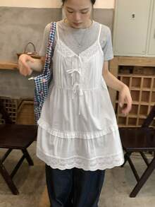DAZY Women's Solid Color Lace Patchwork Knotted Ruffle Hem Camisole Summer Easter - White - View 7