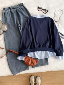 SHEIN Set de 2 piezas Pantalones vaqueros y blusa a rayas con estilo colegial y parches para niñas, apropiado para uso diario y actividades al aire libre - Azul Marino - Ver 2