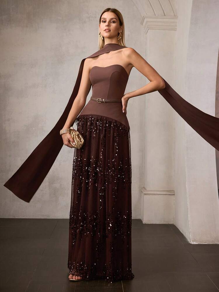 MOTF Soiréza ELEGANT BROWN NEW YEAR PARTY DRESS FOR WOMEN ,STRAPLESS SPAGHETTI STRAP , WAIST-CINCHING BELT, SHIMMERING SEQUIN-EMBELLISHED EMBROIDERED TULLE SKIRT, ATTACHED STRUCTURED DETACHABLE TIE, BODYCON FIT FOR EVENING EVENTS & FORMAL PARTIES