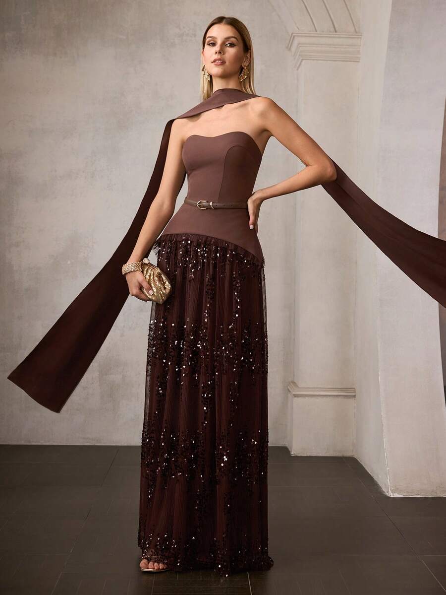 MOTF Soiréza Đầm dạ hội màu nâu thanh lịch dành cho nữ, kiểu dáng cúp ngực mảnh, thắt lưng ôm eo, chân váy voan thêu đính sequin lấp lánh, dây buộc rời có thể tháo rời, kiểu dáng ôm sát cơ thể, thích hợp cho các sự kiện buổi tối và tiệc trang trọng.