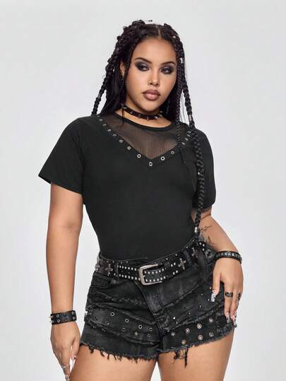 ROMWE Grunge Punk Plus Size Punk Metal Grommet Design Mesh Sheer Splice Bodycon Short Sleeve T-Shirt