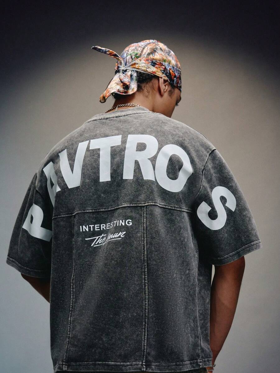 PAVTROS PAVTRO 男士雪花水洗结构拼接重磅图案 T 恤，情人节，春夏，送给男友的礼物，狂欢节，复古，街头服饰，派对，圣帕特里克节，外出 - 黑色 - 查看 1