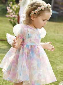 Cute & Elegant Princess Dress, Colorful Organza Bow Short Sleeve Dress, Formal Outfit - Multicolor - View 2