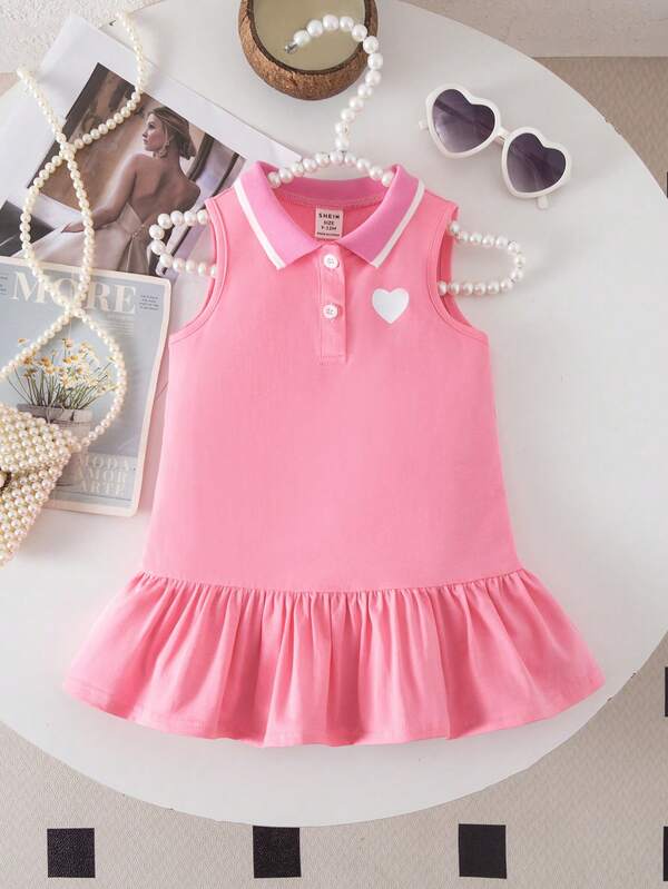 SHEIN 女宝宝可爱夏季粉色针织学院风爱心图案领连衣裙