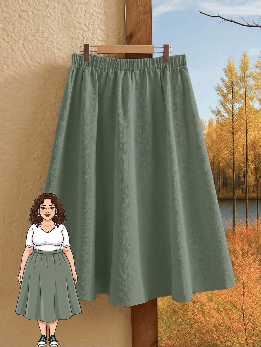 EMERY ROSE Plus Size Solid Color Casual A-Line Skirt, Suitable For Spring And Summer - Green - View 1